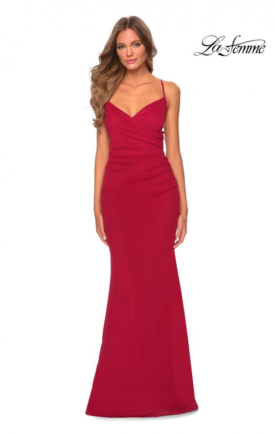 Picture of: Fitted Jersey Long Dress with Lace Up Back in Burgundy, Style: 28541, Detail Picture 7
