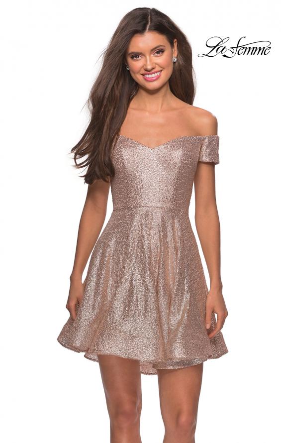 Picture of: Sequin Off The Shoulder Short Homecoming Dress in Champagne, Style: 28155, Main Picture