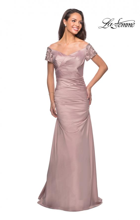 Picture of: Satin Off the Shoulder Dress with Beaded Sleeves in Champagne, Style: 25996, Main Picture