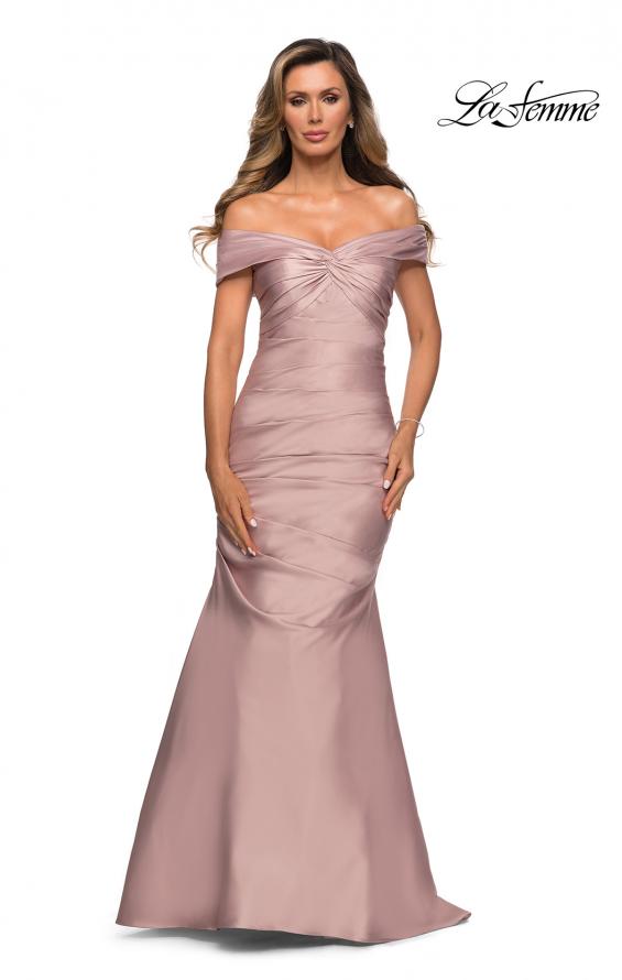 Picture of: Off the Shoulder Satin Evening Gown with Pleating in Champagne, Style: 28047, Main Picture