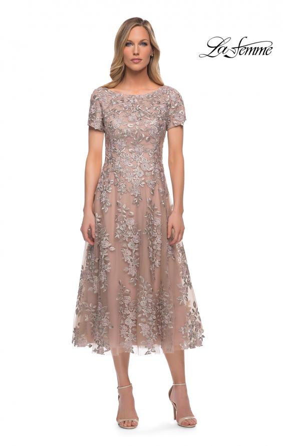 Picture of: Tea Length Mother of the Bride Dress with Short Sleeves in Champagne, Main Picture