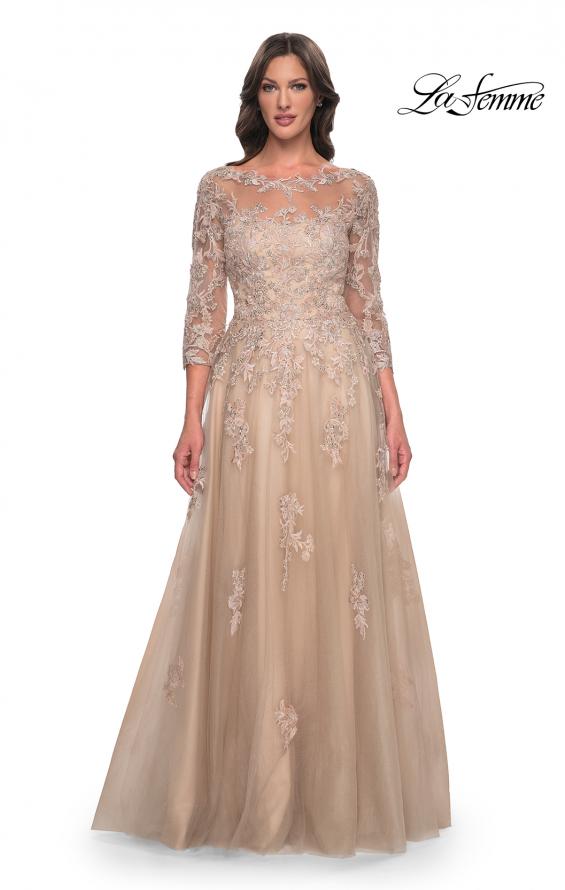 Picture of: A-Line Tulle and Lace Applique Gown with Lace Sleeves in Champagne, Style: 30859, Main Picture