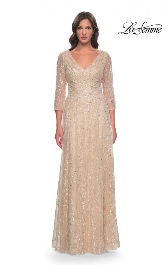 Picture of: Beaded Sequin Dress with Ruched Waist and V Neckline in Champagne, Style: 30911, Main Picture