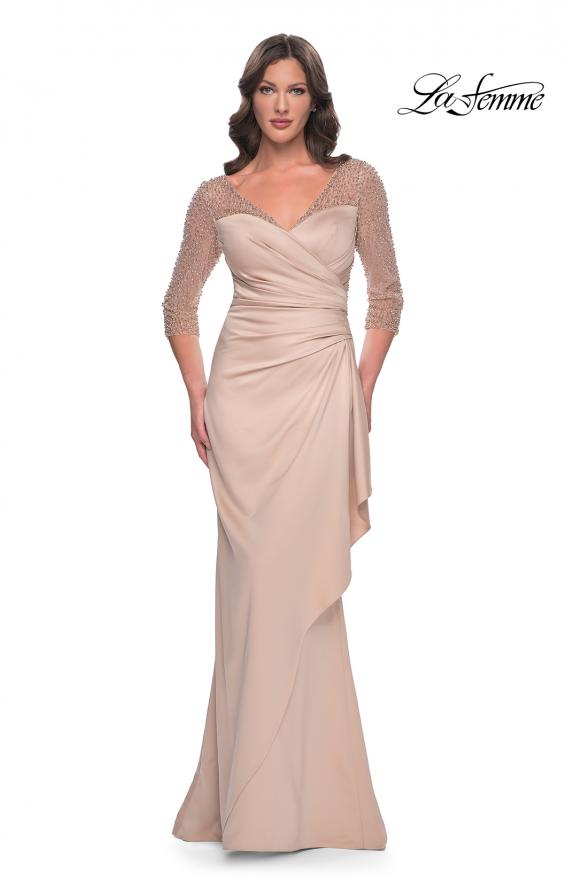 Picture of: Stunning Satin Dress with Gathered Waist and Beaded Illusion Sleeves in Champagne, Style: 31011, Main Picture