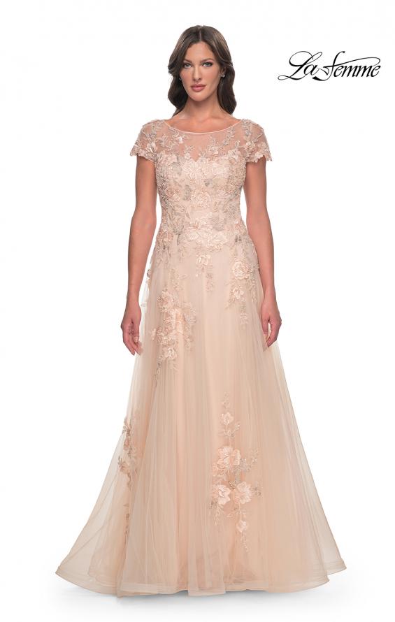 Picture of: Tulle and Lace A-Line Dress with Illusion Neckline and Short Sleeves in Champagne, Style: 31198, Main Picture