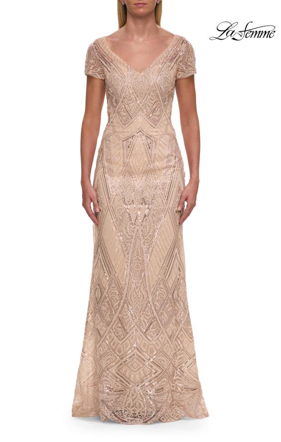 Picture of: Art Deco Beaded Long Evening Dress with V Neckline in Champagne, Style: 31844, Main Picture