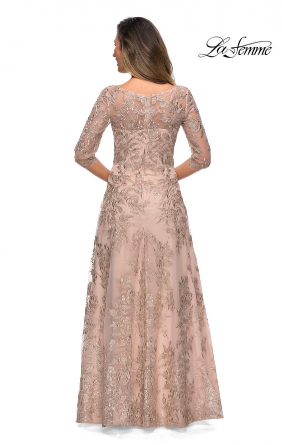 Picture of: Long Lace A-line Three Quarter Sleeve Gown in Champagne, Style: 28053, Back Picture
