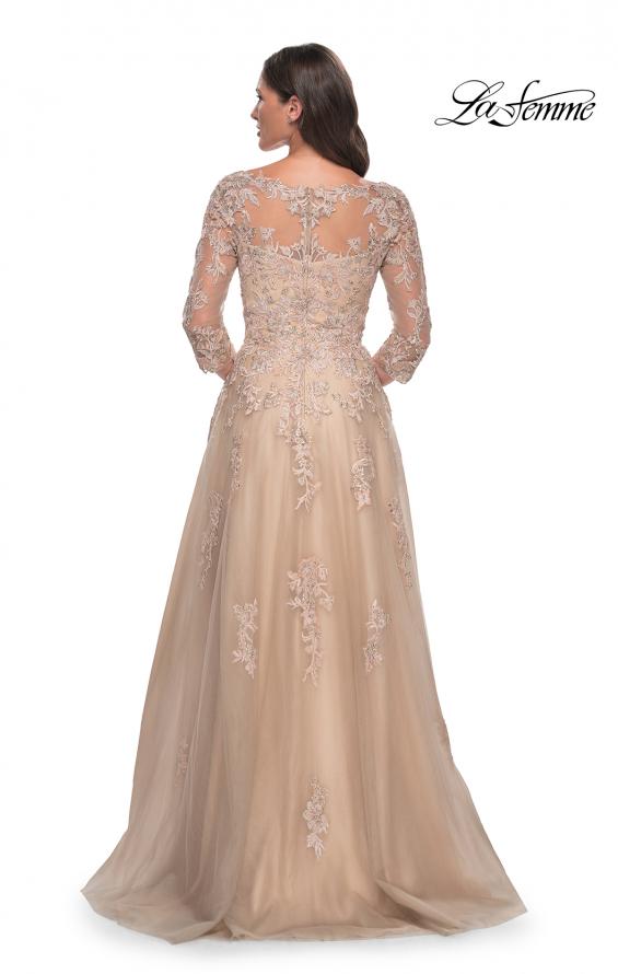 Picture of: A-Line Tulle and Lace Applique Gown with Lace Sleeves in Champagne, Style: 30859, Back Picture