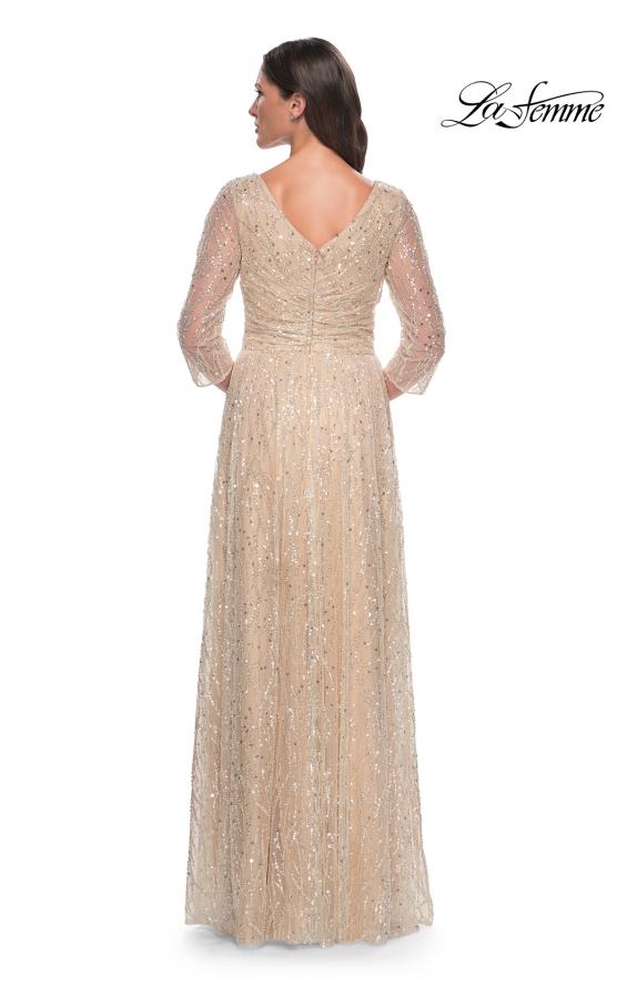 Picture of: Beaded Sequin Dress with Ruched Waist and V Neckline in Champagne, Style: 30911, Back Picture