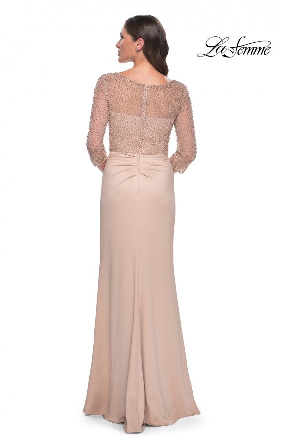 Picture of: Stunning Satin Dress with Gathered Waist and Beaded Illusion Sleeves in Champagne, Style: 31011, Back Picture