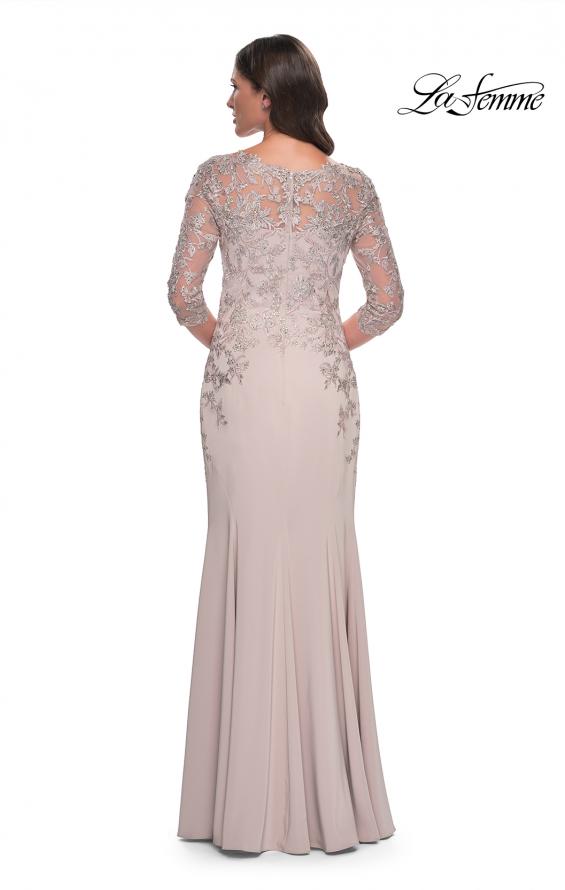 Picture of: Fitted Long Satin Dress with Lace Bodice and Sleeves in Champagne, Style: 31194, Back Picture