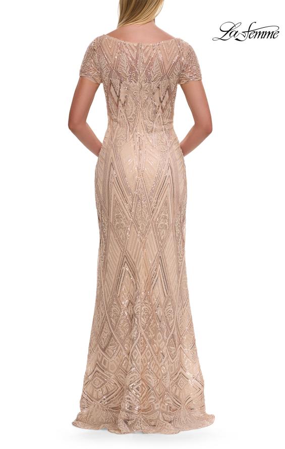 Picture of: Art Deco Beaded Long Evening Dress with V Neckline in Champagne, Style: 31844, Back Picture