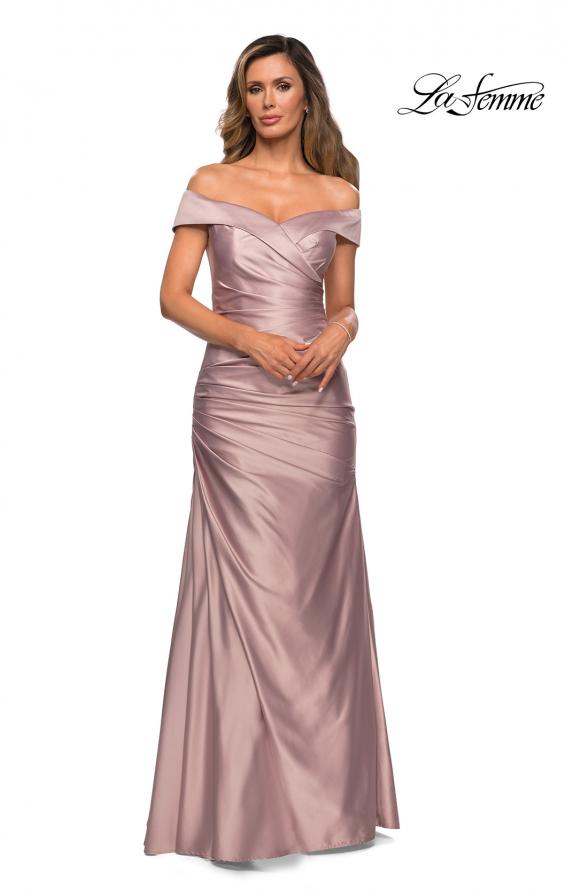 Picture of: Off the Shoulder Satin Evening Dress with Pleating in Champagne, Style: 28103, Detail Picture 1