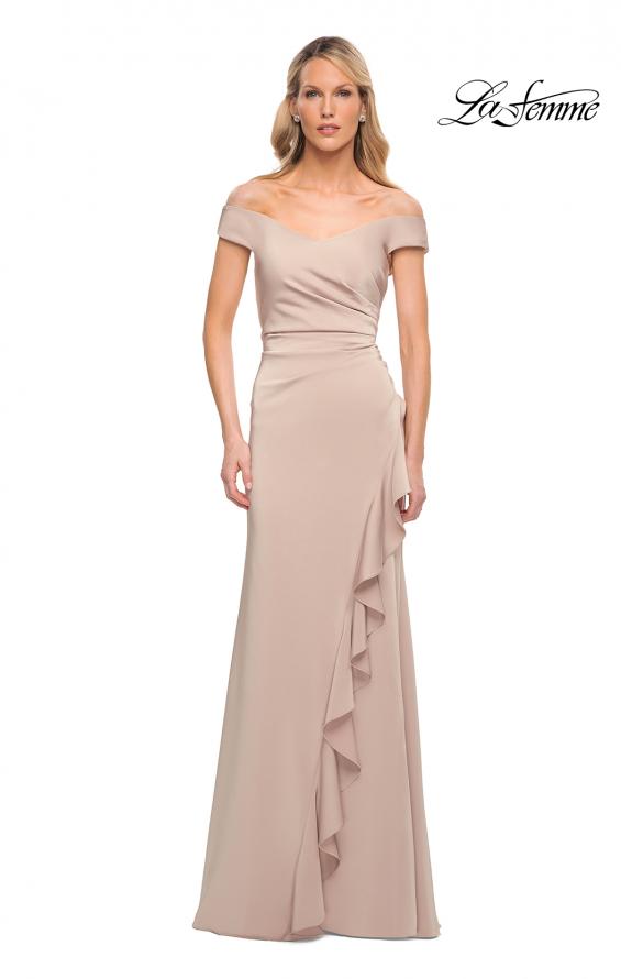 Picture of: Off the Shoulder Jersey Evening Gown with Ruffle Skirt Detail in Champagne, Detail Picture 1