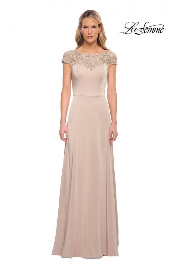 Picture of: Jersey Gown with Full Skirt and Lace Detail Top in Champagne, Detail Picture 1