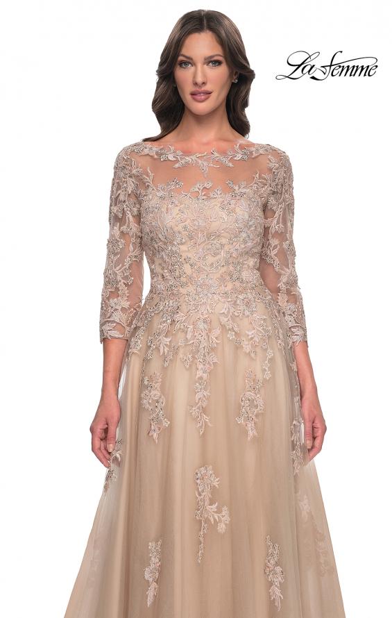 Picture of: A-Line Tulle and Lace Applique Gown with Lace Sleeves in Champagne, Style: 30859, Detail Picture 1