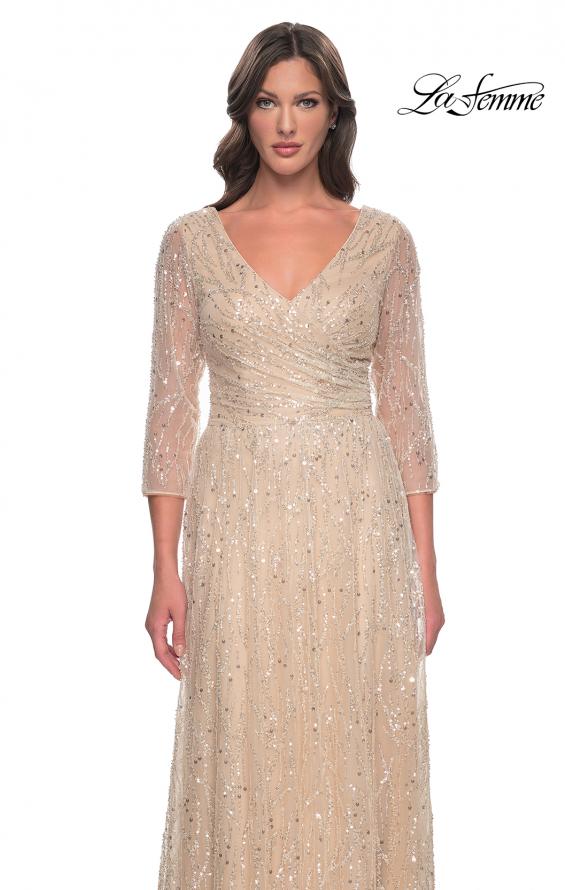 Picture of: Beaded Sequin Dress with Ruched Waist and V Neckline in Champagne, Style: 30911, Detail Picture 1