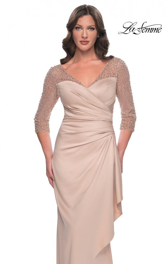 Picture of: Stunning Satin Dress with Gathered Waist and Beaded Illusion Sleeves in Champagne, Style: 31011, Detail Picture 1