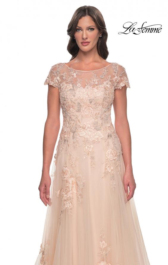 Picture of: Tulle and Lace A-Line Dress with Illusion Neckline and Short Sleeves in Champagne, Style: 31198, Detail Picture 1