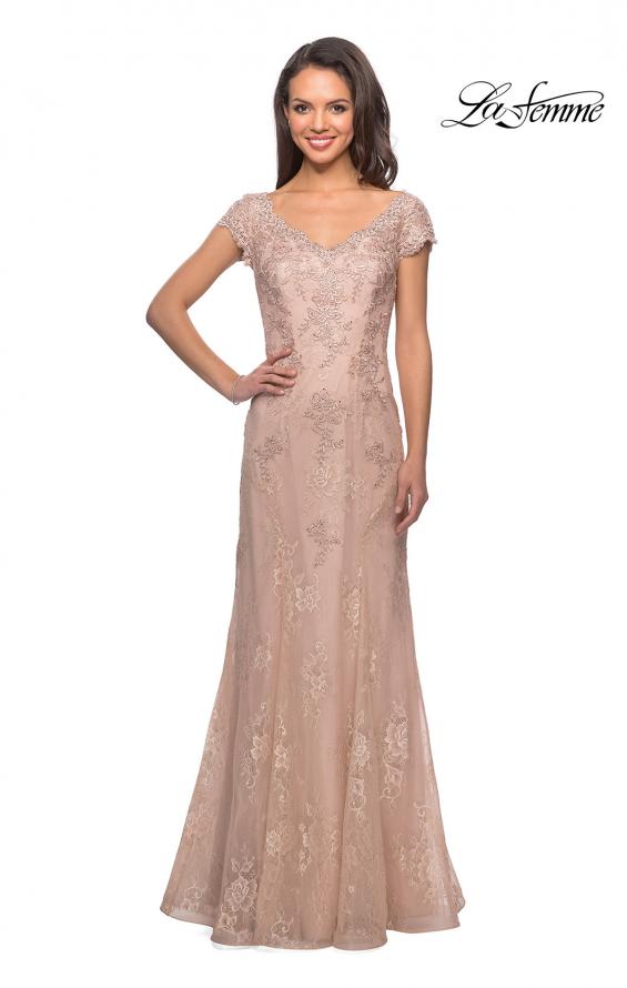 Picture of: Short Sleeve Lace Evening Dress with V Neckline in Ballet Pink, Style: 28099, Detail Picture 2