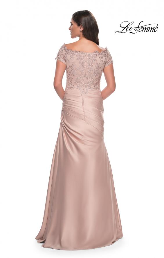 Picture of: Off the Shoulder Satin and Lace Mermaid Pleated Gown in Champagne, Style: 30199, Detail Picture 2