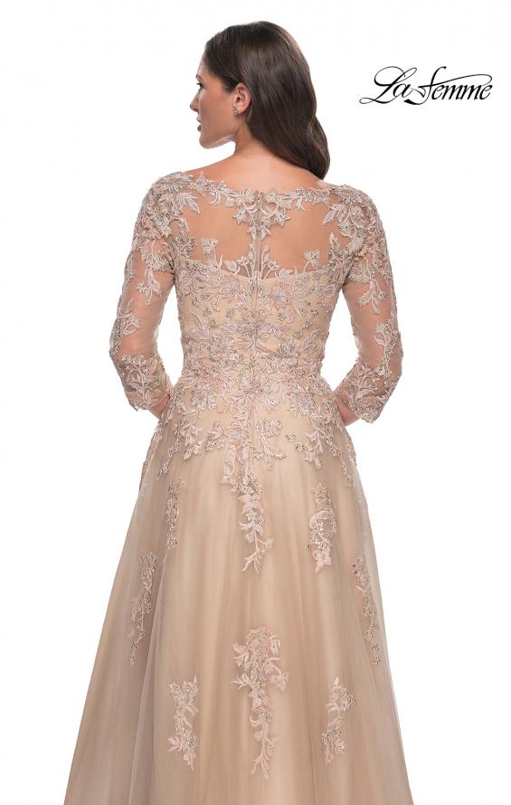 Picture of: A-Line Tulle and Lace Applique Gown with Lace Sleeves in Champagne, Style: 30859, Detail Picture 2