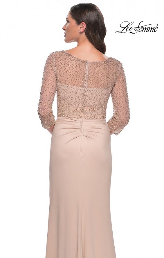 Picture of: Stunning Satin Dress with Gathered Waist and Beaded Illusion Sleeves in Champagne, Style: 31011, Detail Picture 2