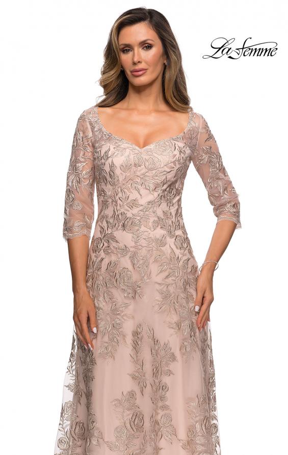 Picture of: Long Lace A-line Three Quarter Sleeve Gown in Champagne, Style: 28053, Detail Picture 3