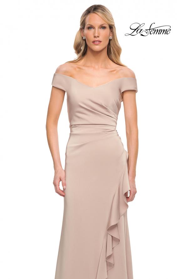Picture of: Off the Shoulder Jersey Evening Gown with Ruffle Skirt Detail in Champagne, Detail Picture 4