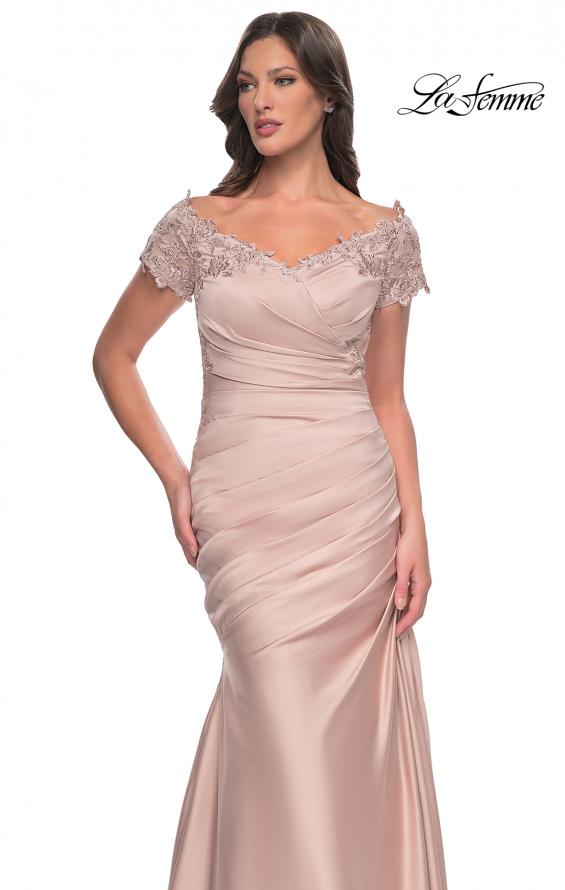 Picture of: Off the Shoulder Satin and Lace Mermaid Pleated Gown in Champagne, Style: 30199, Detail Picture 5