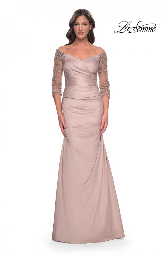 Picture of: Mermaid Satin Dress with Gathering and Off the Shoulder Top in Champagne, Style: 30853, Detail Picture 5