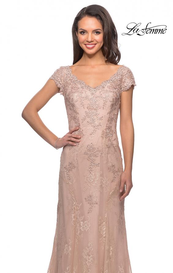 Picture of: Short Sleeve Lace Evening Dress with V Neckline in Ballet Pink, Style: 28099, Detail Picture 6