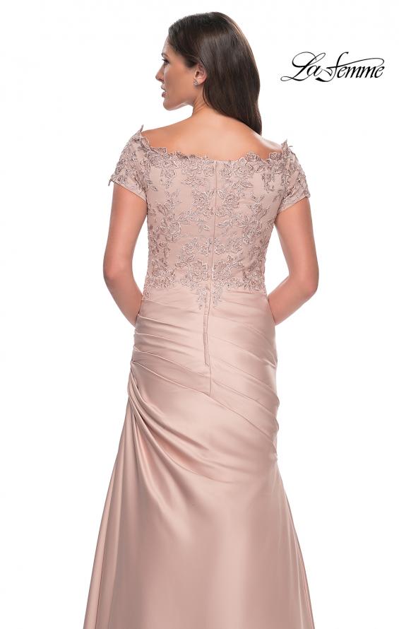 Picture of: Off the Shoulder Satin and Lace Mermaid Pleated Gown in Champagne, Style: 30199, Detail Picture 6