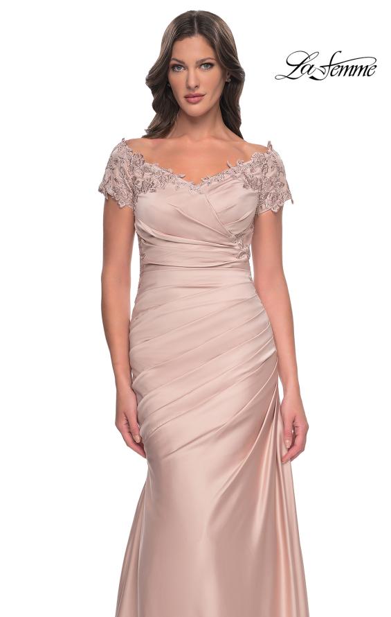 Picture of: Off the Shoulder Satin and Lace Mermaid Pleated Gown, Style: 30199, Detail Picture 10