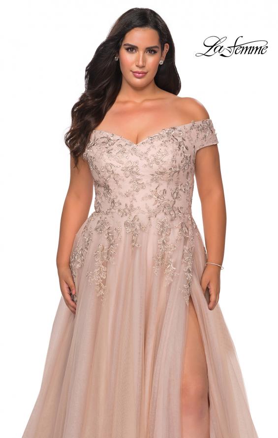 Picture of: Off The Shoulder Tulle Plus Size Gown with Lace in Champagne, Style: 28950, Main Picture