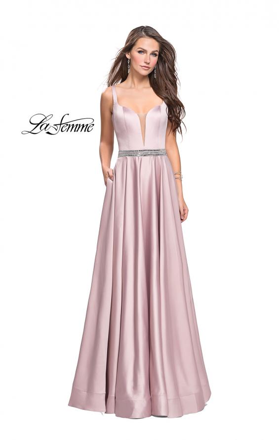 Picture of: Satin Prom Dress with A Line Skirt and Beaded Belt in Champagne, Style: 24821, Main Picture
