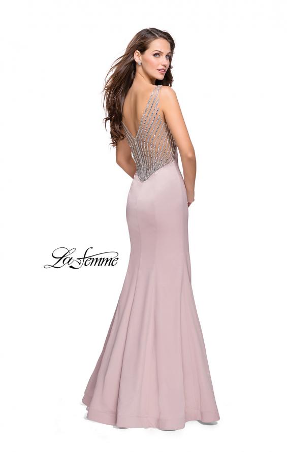 Picture of: Long Mermaid Gown with Sheer Deep V and Beading in Champagne, Style: 25454, Main Picture