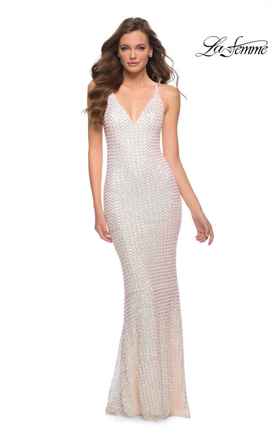 Picture of: Criss-Criss Print Sequin Prom Dress with V Neckline in Champagne, Style 29862, Main Picture