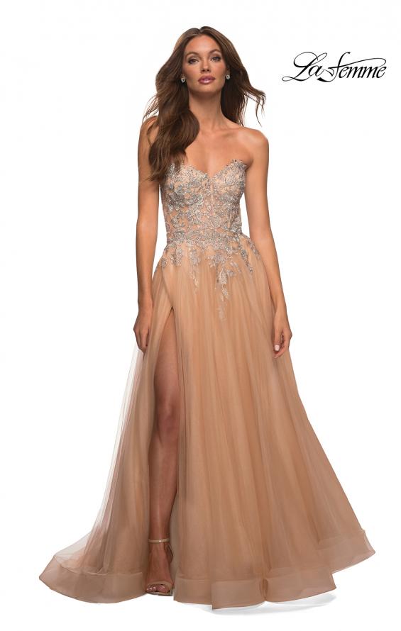 Picture of: Tulle and Lace Ballgown with High Slit and Pockets in Champagne, Main Picture