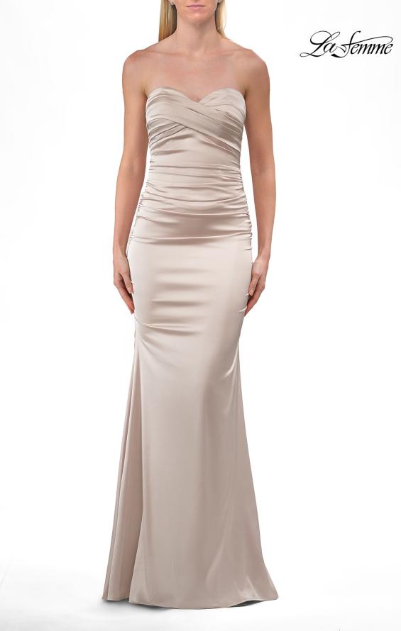 Picture of: Simple Strapless Satin Gown with Ruching Detail in Champagne, Style: 33531, Detail Picture 19