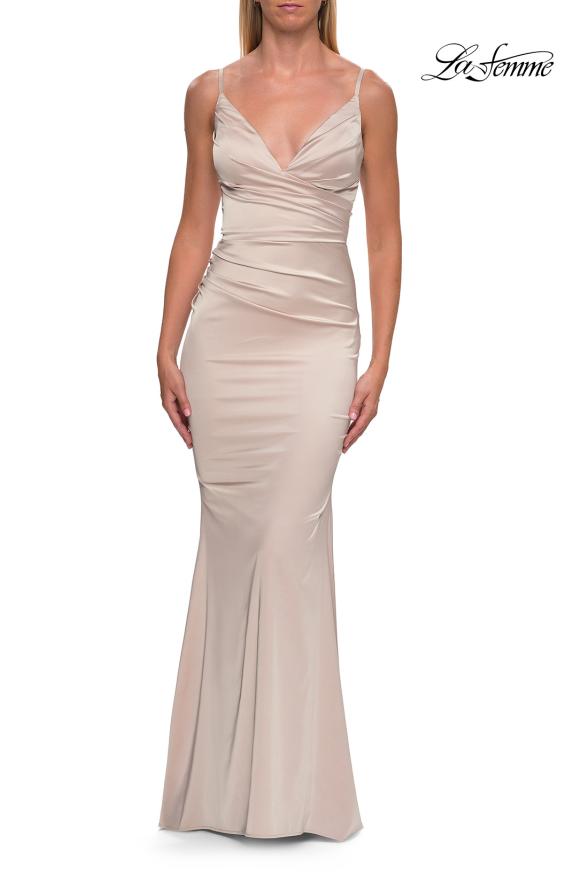 Picture of: Satin Fitted Gown with Gathered Bodice and Spaghetti Straps in Champagne, Style: 33421, Detail Picture 24