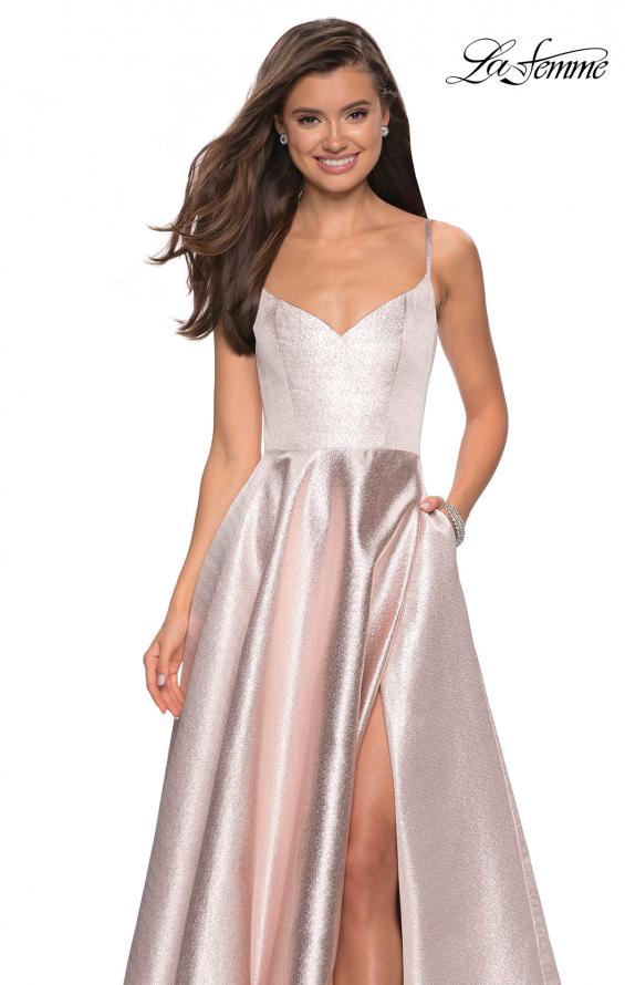 Picture of: Metallic A-line Prom Gown with Side Leg Slit in Champagne, Style: 27619, Detail Picture 1