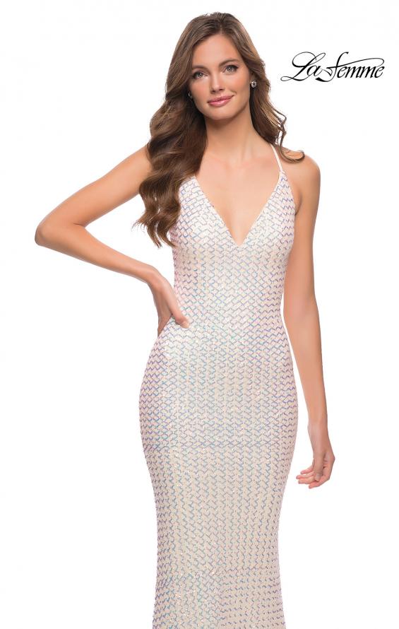 Picture of: Criss-Criss Print Sequin Prom Dress with V Neckline in Champagne, Style 29862, Detail Picture 1