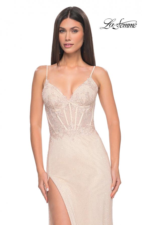 Picture of: Stunning Rhinestone Fishnet Dress with Lace Detail Bodice in Champagne, Style: 32236, Detail Picture 2