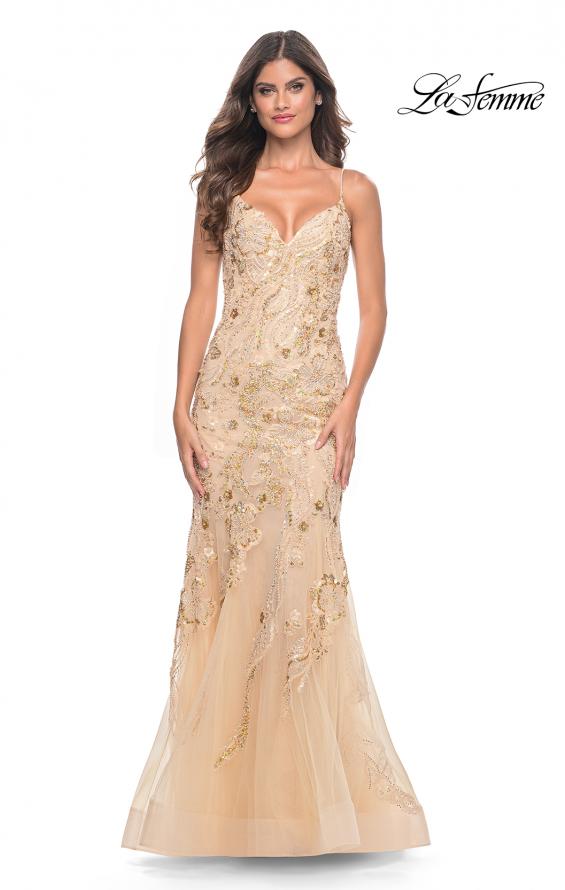 Picture of: Mermaid Sequin and Beaded Embellished Prom Dress in Pastels in Champagne, Style: 32333, Detail Picture 2