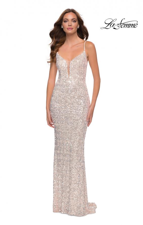 Picture of: Gorgeous Sequin Dress with V Neck and Open Back in Champagne, Style 29872, Detail Picture 3
