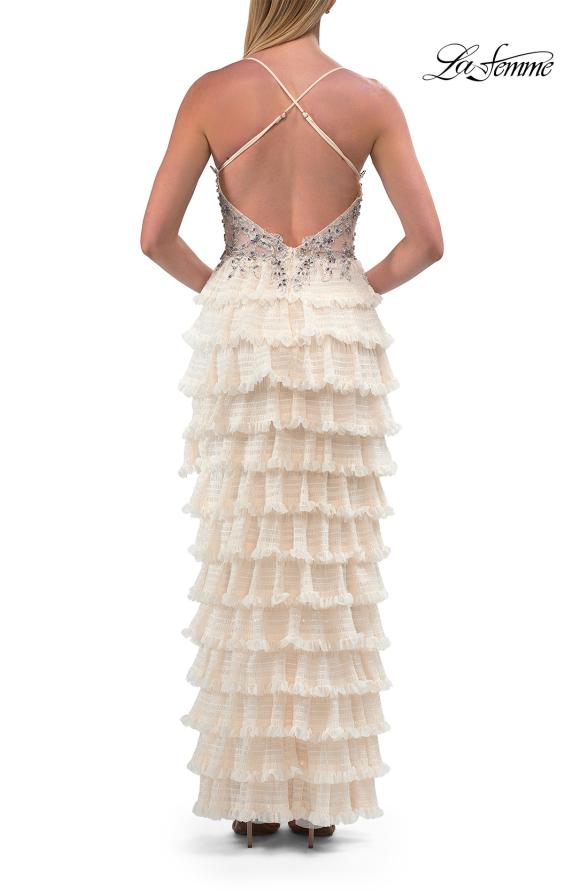 Picture of: Rhinestone Corset Ruffle Tier Gown with High Slit and Open Back in Champagne, Style: 33751, Detail Picture 3
