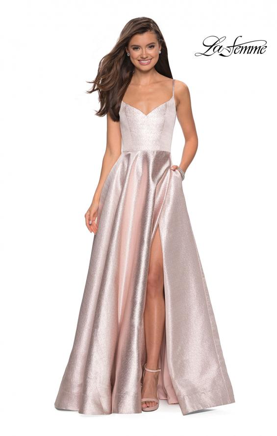 Picture of: Metallic A-line Prom Gown with Side Leg Slit in Champagne, Style: 27619, Detail Picture 5