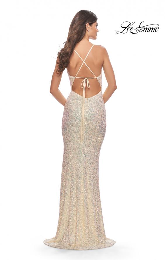 Picture of: Stretch Sequin Gown with Deep V Neck and Tie Back in Champagne, Style: 31072, Detail Picture 7