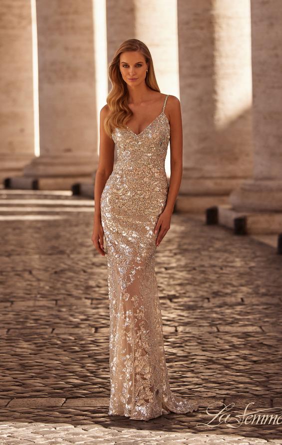 Picture of: Stunning Sequin Rhinestone Pattern Prom Dress in Champagne, Style: 32077, Detail Picture 1